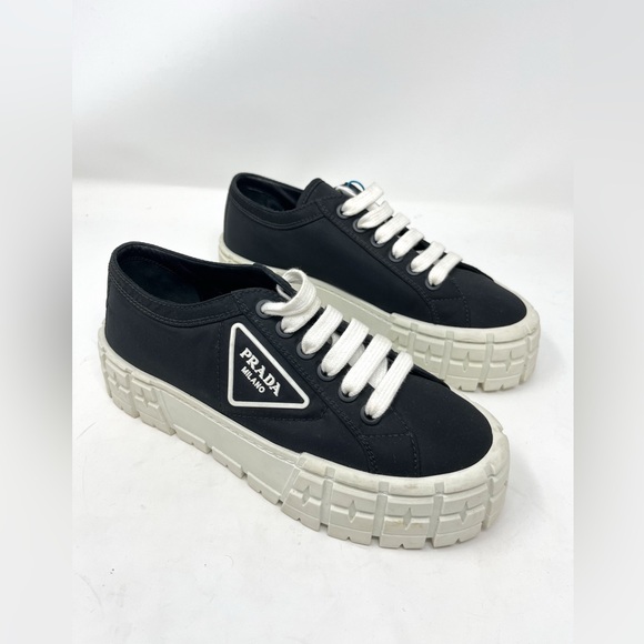 PRADA Double Wheel Re-Nylon gabardine Platform sneakers Black White size 37.5 - Picture 1 of 8